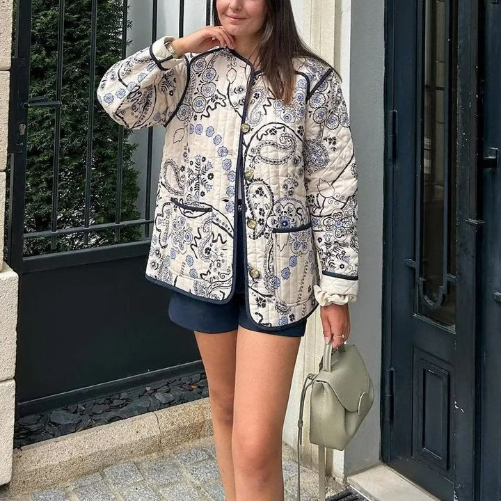 Ethnic Floral Print Quilted Jacket