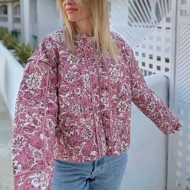 Street Retro Floral Print Style Quilted Jacket