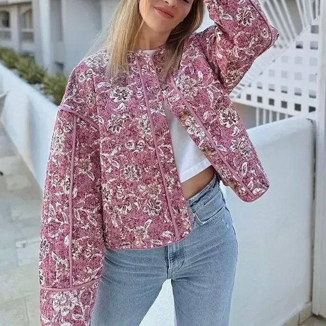 Street Retro Floral Print Style Quilted Jacket