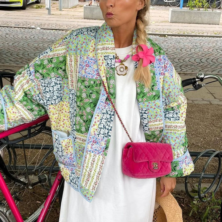 Yellow-Green Floral Patterned Patchwork Printed Jacket