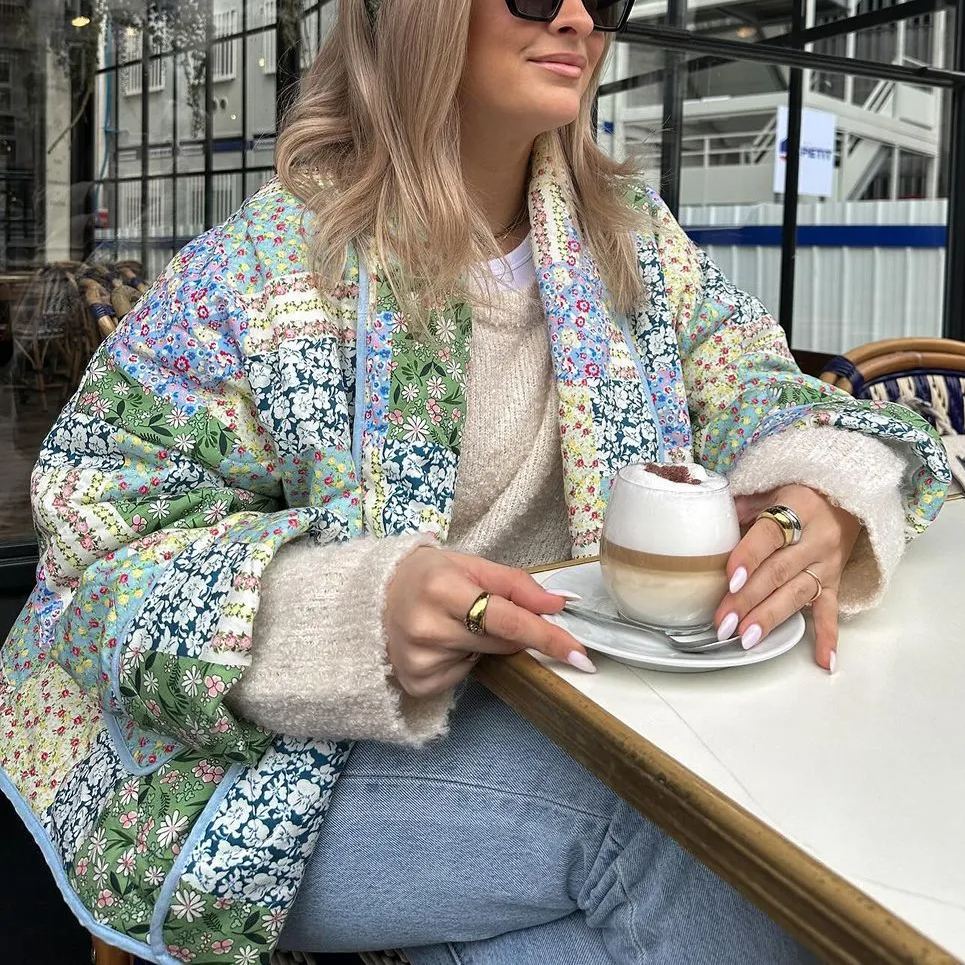 Yellow-Green Floral Patterned Patchwork Printed Jacket