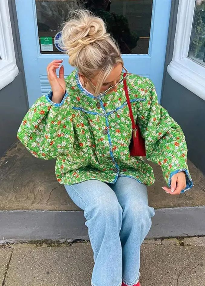 Green Mood Floral Print Loose Jacket