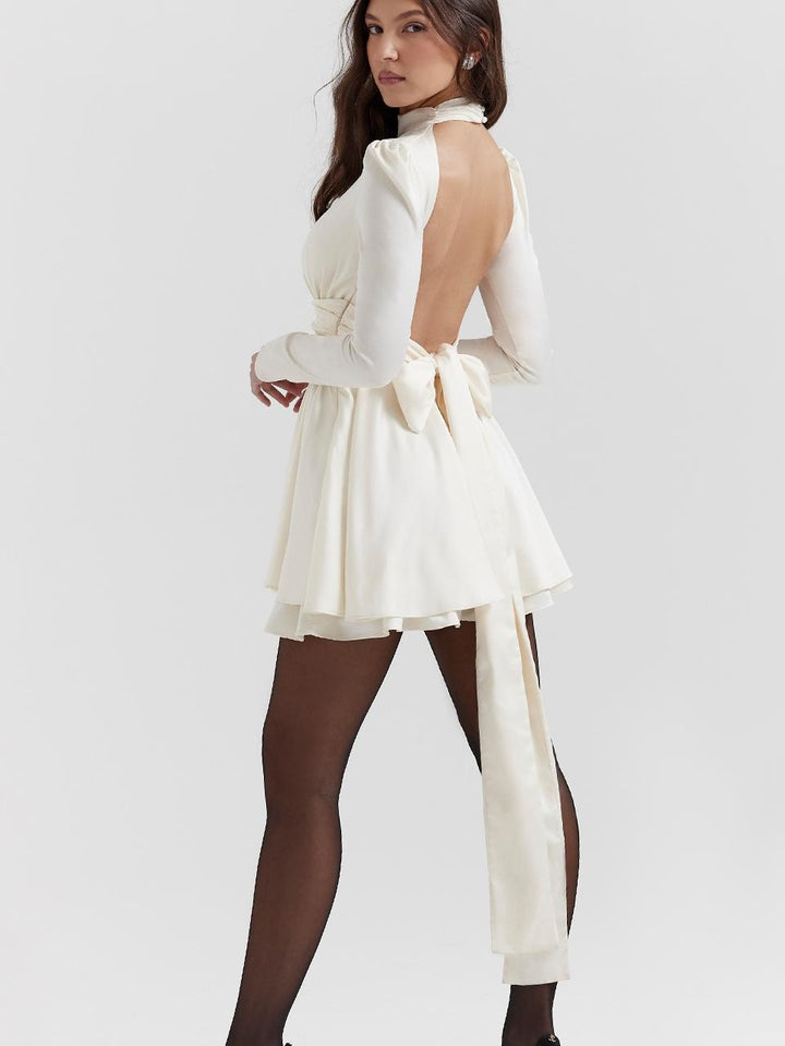 White Lace-Back Bow Detail Long Sleeve Dress