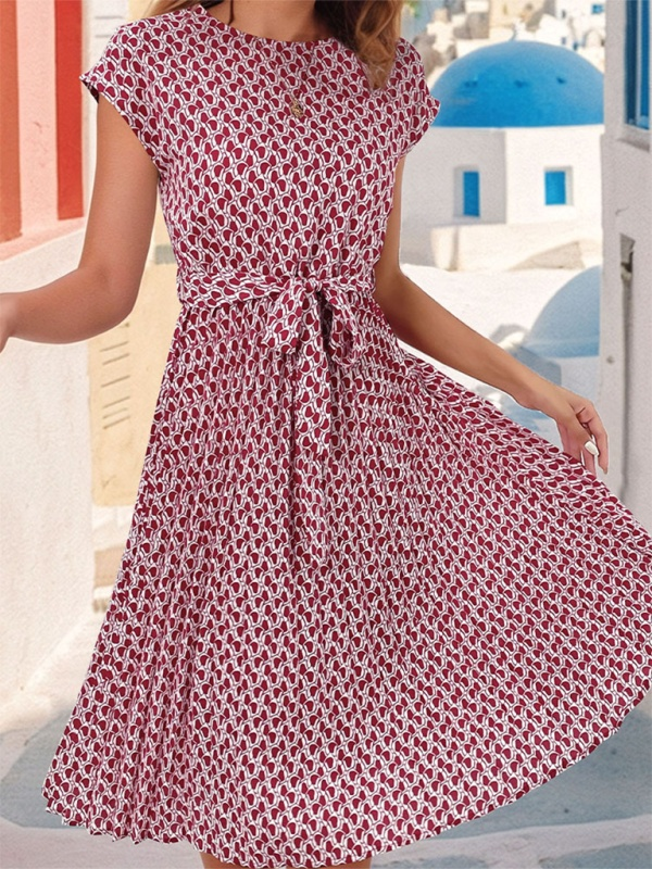 Women's Short Sleeve Patterned Midi Dress with Waist Tie