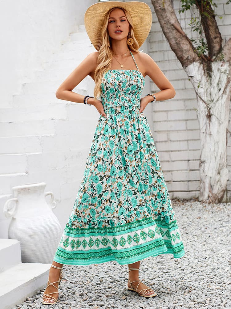 Floral Print Smocked Chest Halter Neck Maxi Dress