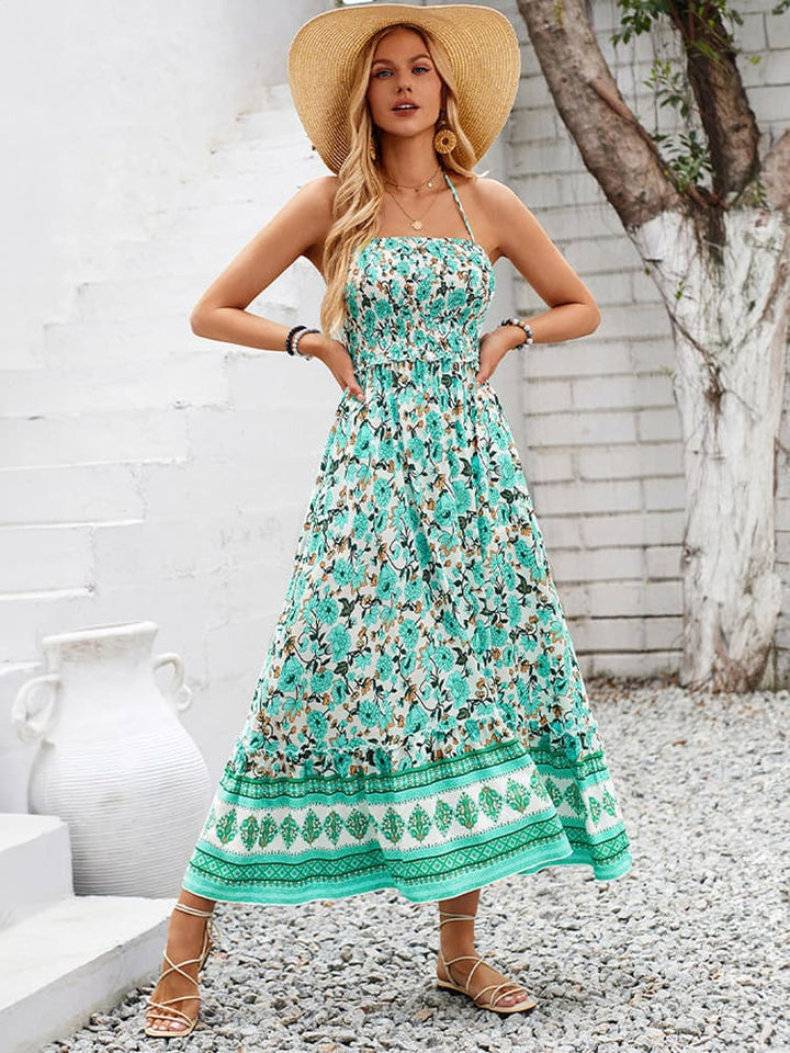 Floral Print Smocked Chest Halter Neck Maxi Dress