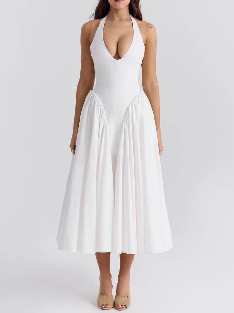 White Cotton Halter Midi Sundress